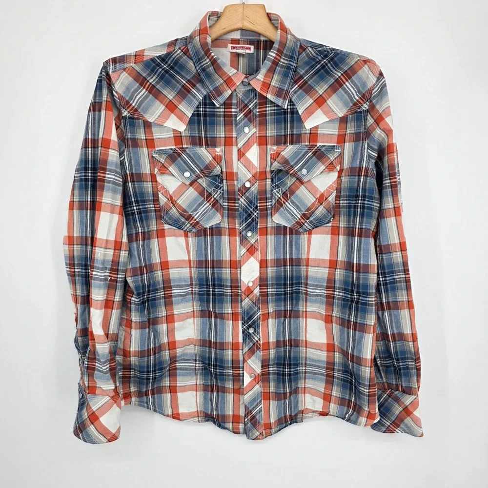 True Religion Mens Plaid Western Pearl Snap Shirt Orange Blue M3RA315TT 2XL